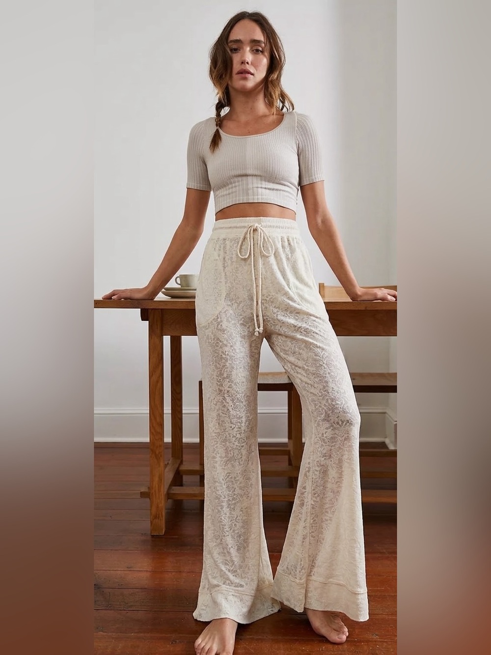 Free People Intimately Cozy Cool Girl Lounge Pants Size XS Boho Sheer Waffle